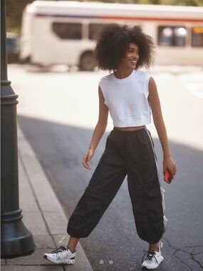 NWOT Anthropologie Black Woven Drawstring Track Pants with Side Stripes